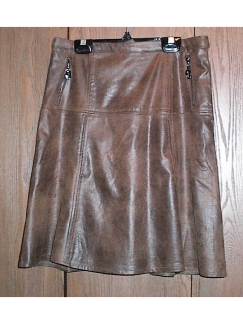 Women's Brown Faux Leather A-Line Skirt with Zip Pocket Accents